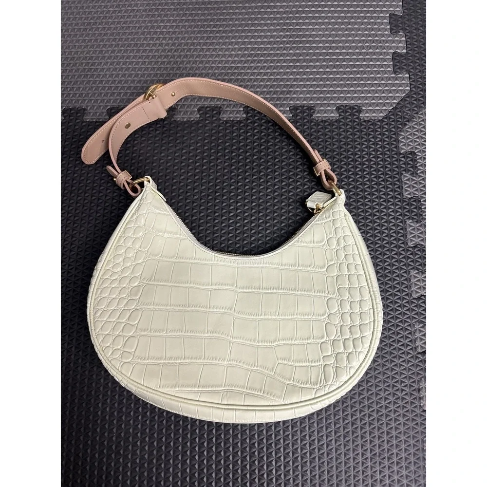 PW Light Cream Croc Embossed Faux Leather Shoulder Bag Crescent Hobo Handbag